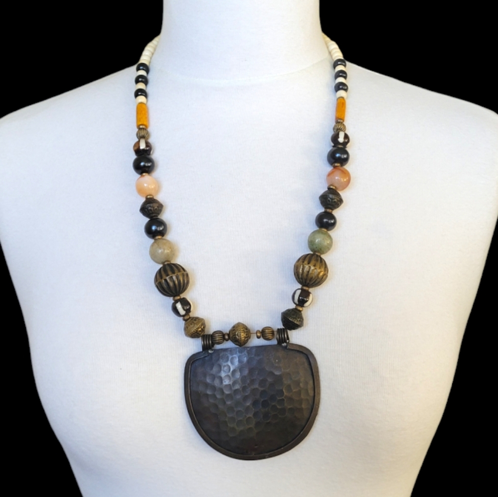 Vtg Hammered Brass Warrior Plate Statement Necklace Genuine Jadeite & Carnelian